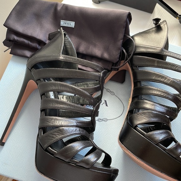 Prada Black Strappy Cage High-Heel Stiletto Platform Sandals - Picture 8 of 9